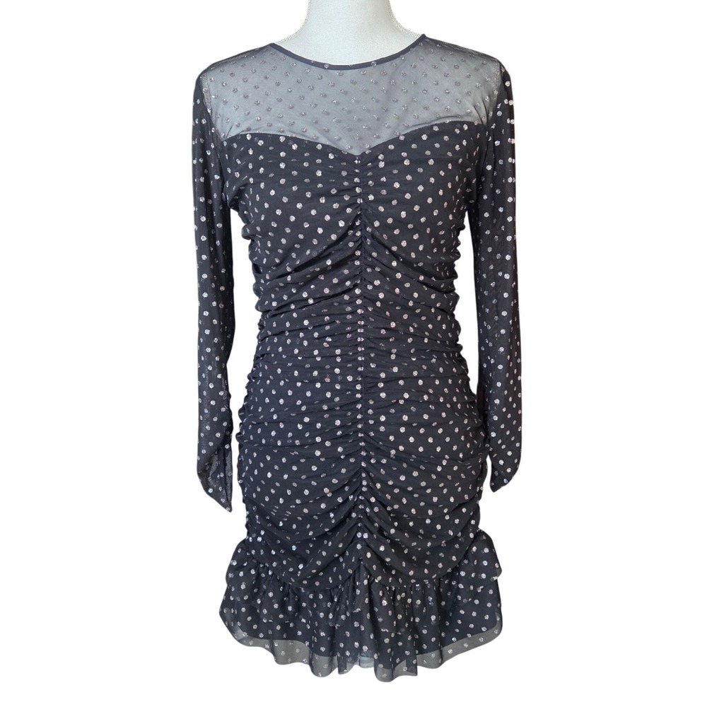 Zara Mesh Tulle Polka Dot Ruched Whimsigoth Mini Dress Dark Romantic Bodycon LG